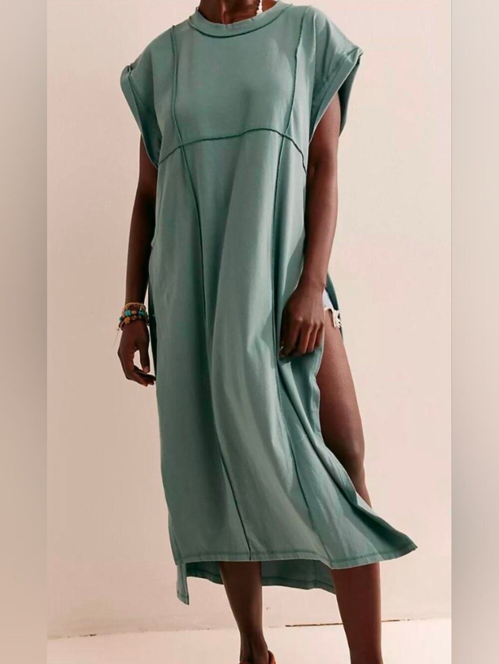 Intimately Free People Womens Maxi Dress XS Blue Cotton Exposed Seam High Slit